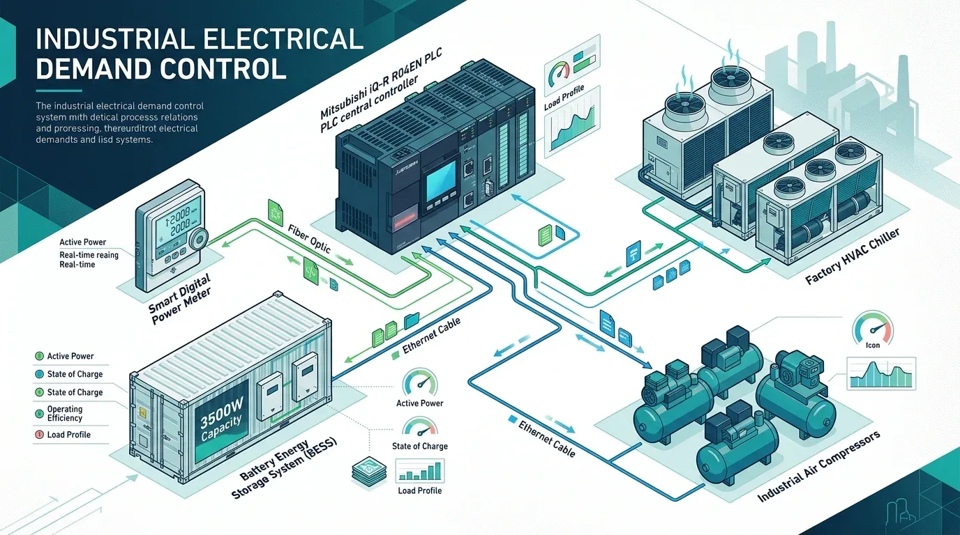 แผนผังสถาปัตยกรรมระบบควบคุม Demand Control ด้วย Mitsubishi MELSEC iQ-R R04EN PLC