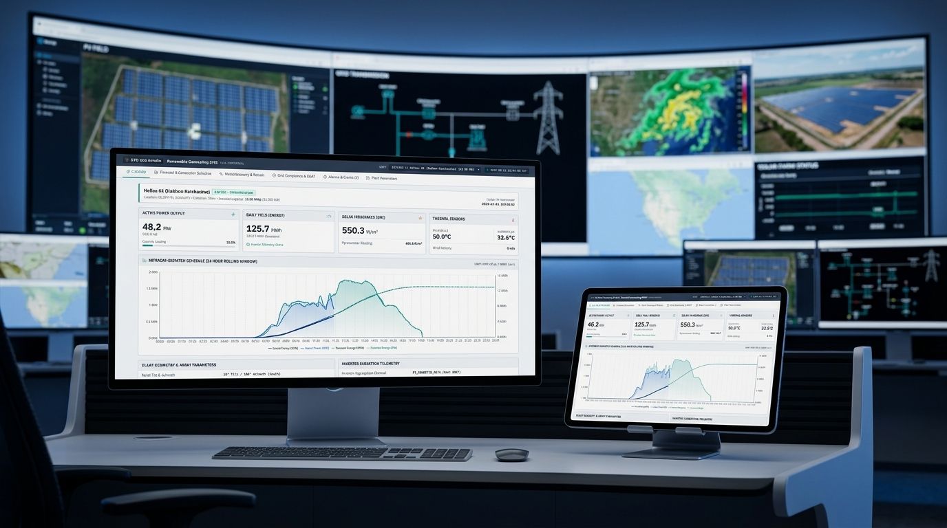 Industrial Control Room Overview STD Solar Forecasting Studio - Industrial Control Room Overview: ศูนย์ควบคุมมอนิเตอร์โรงไฟฟ้า ติดตามค่า Telemetry และสถานะ Inverter ตลอด 24/7