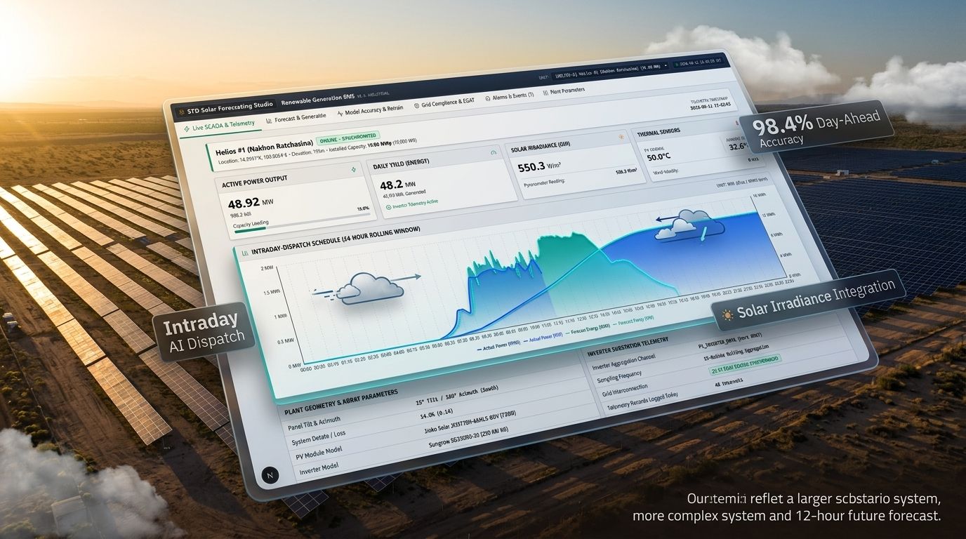AI Solar Forecasting & Intraday Dispatch STD Solar Forecasting Studio - AI Solar Forecasting & Intraday Dispatch: กราฟพยากรณ์ผลผลิตแสงอาทิตย์ราย 5-15 นาที ปรับตามเมฆจริงและการกระจายโหลด 24 ชม.